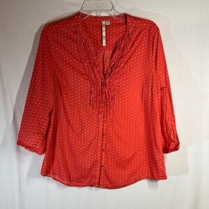 LC Lauren Conrad Coral Ruffle Polka Dot Blouse (Large)